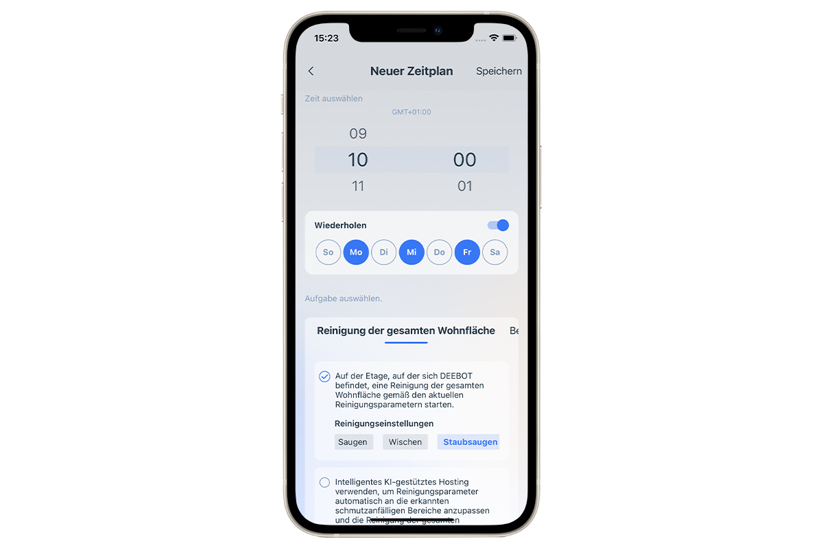 Ein Screenshot der Ecovacs-App mit Einstellungen für den Reinigungs-Zeitplan.