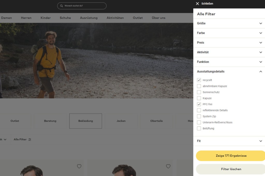 Screenshot von Shop mit rechts ein Filtermenü auf Weiß im Vordergrund, im Hintergrund mit grauer Ebene drüber gelegt ein Bild von wanderndem Mann und Shopkategorien