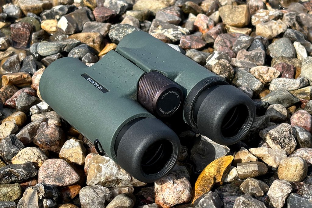 Kowa Genesis Prominar 8x33 binoculars, mounted on rocks.