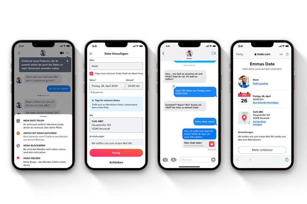 Das Bild zeigt Screenshots der neuen Share my Date Funktion von Tinder.