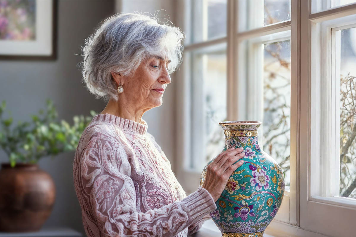 Eine alte Frau im rosa Pulli streicht mit der Hand über eine gemusterte Vase.