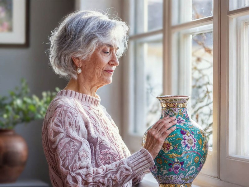 Eine alte Frau im rosa Pulli streicht mit der Hand über eine gemusterte Vase.