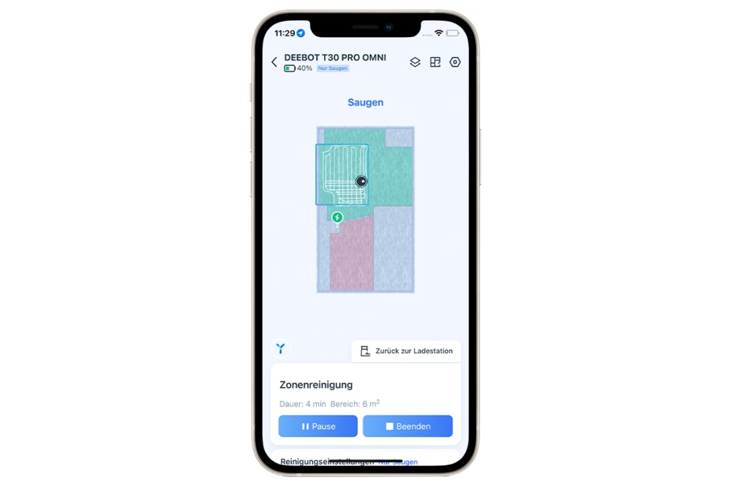 Ein Screenshot der Ecovacs-App mit verbundenem Deebot T30 Pro Omni auf einem iPhone.