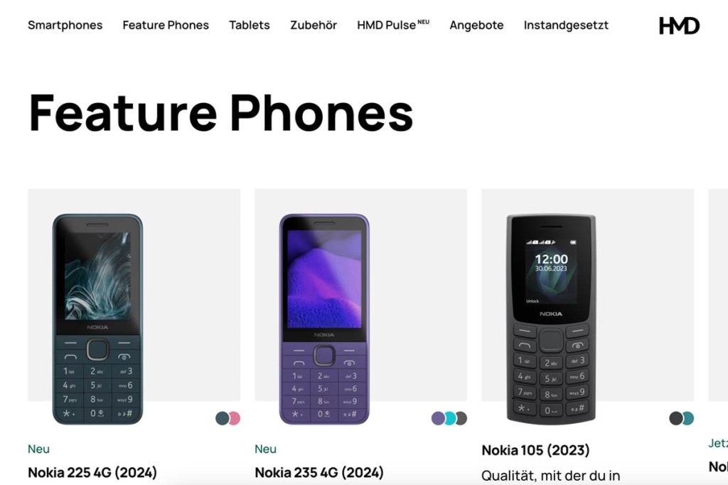 Screenshot der HMD Global Website, Bereich: Feature Phones