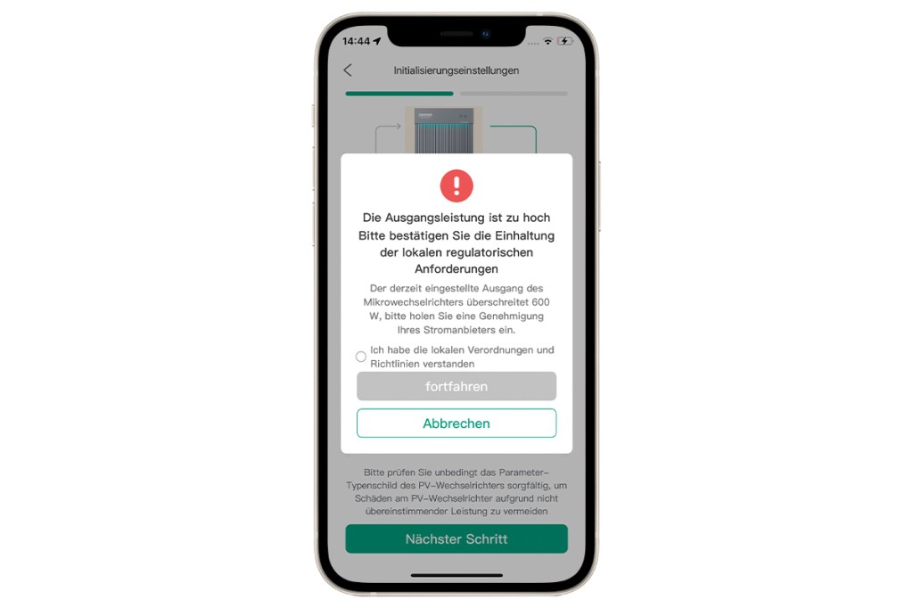 Warnmeldung in der Zendure-App, sobald eine zu hohe Ausgangsleistung für den Wechselrichter des Balkonkraftwerks eingestellt wird.