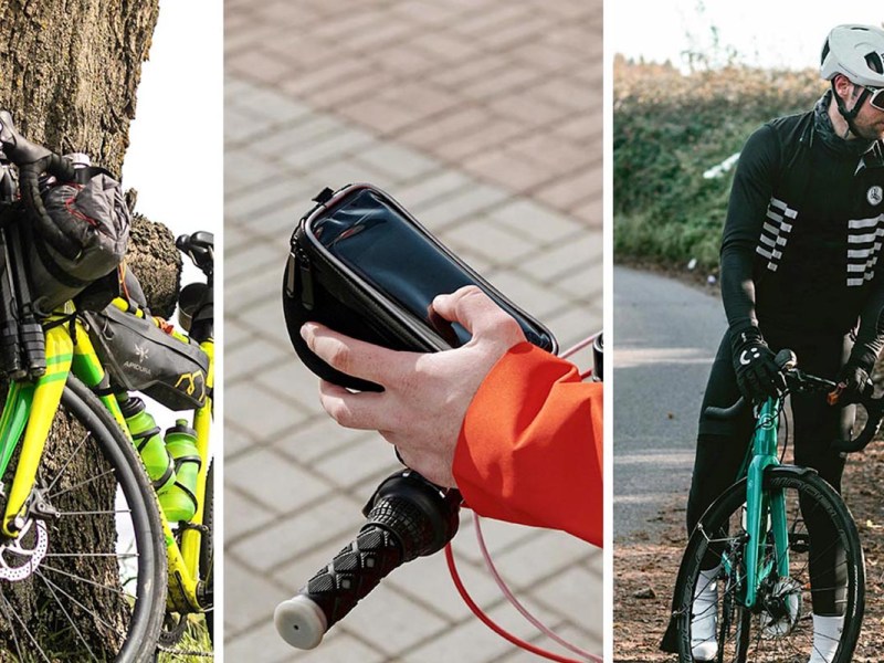 Dreigeteiltes Bild: Links Gravelbike an einen Baum gelehnt, Mitte: Smartphone in der Hand einer Person, rechts: Mann auf Gravelbike