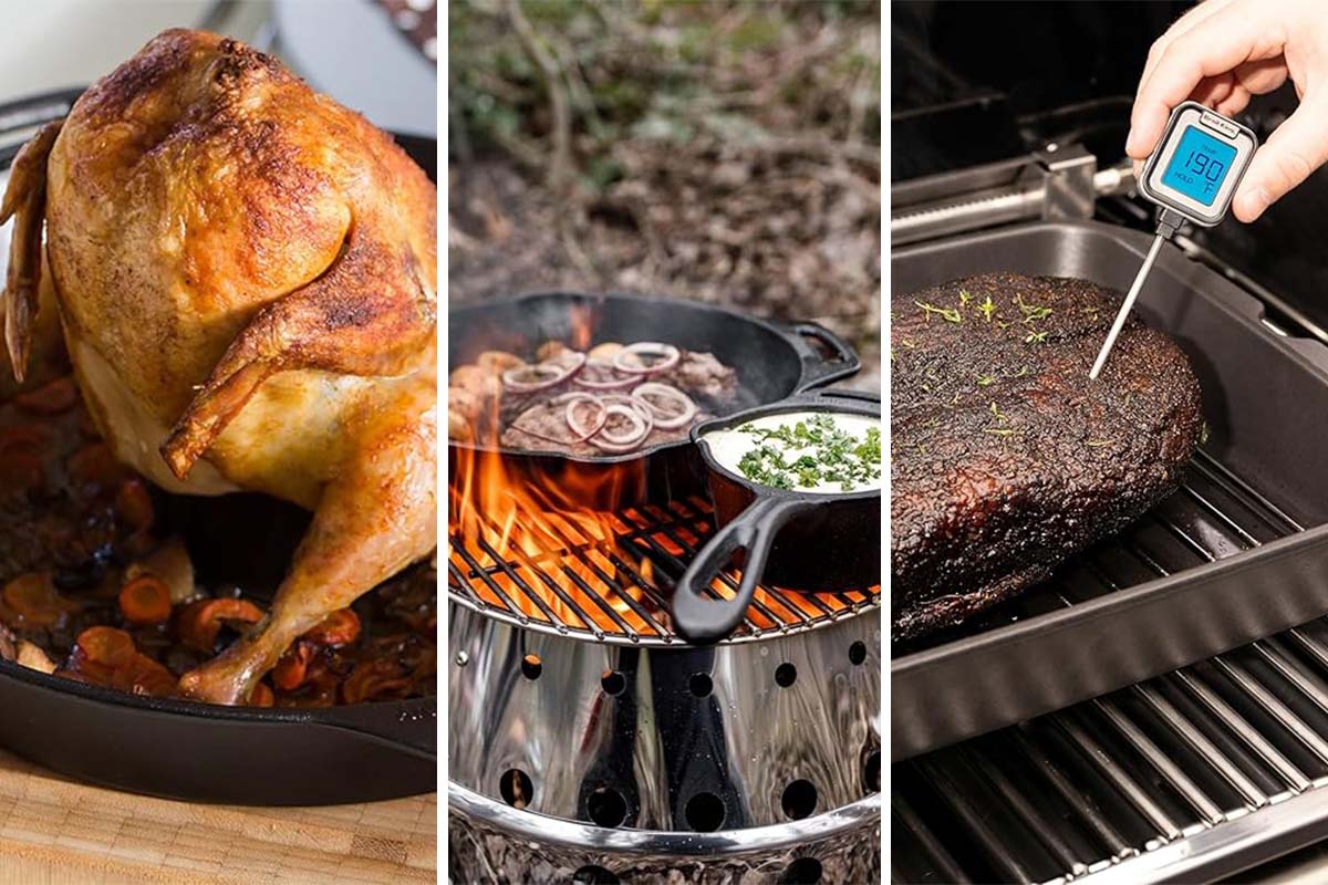 dreigeteiltes Bild: links Hähnchen auf einer Hähnchen-Grillhalterung, Mitte: zwei Töpfe auf einem Grill im Freien, rechts, Hand piekst ein Ofenthermometer in ein Fleischstück