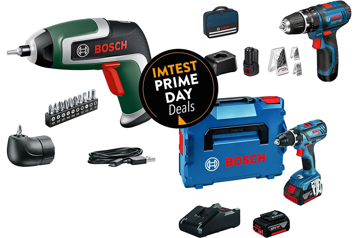 Drei Akkuschrauber-Sets vor weißem Hintergrund mit Amazon Prime Day-Logo.