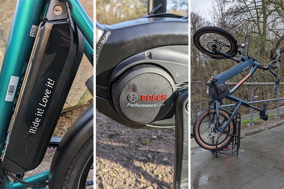 Dreigeteiltes Bild: links Nahaufnahme Akku eines E-Bikes, Nahaufnahme Motor eines E-Bikes, rechts Kompakt-E-Bike total, das senkrecht geparkt ist