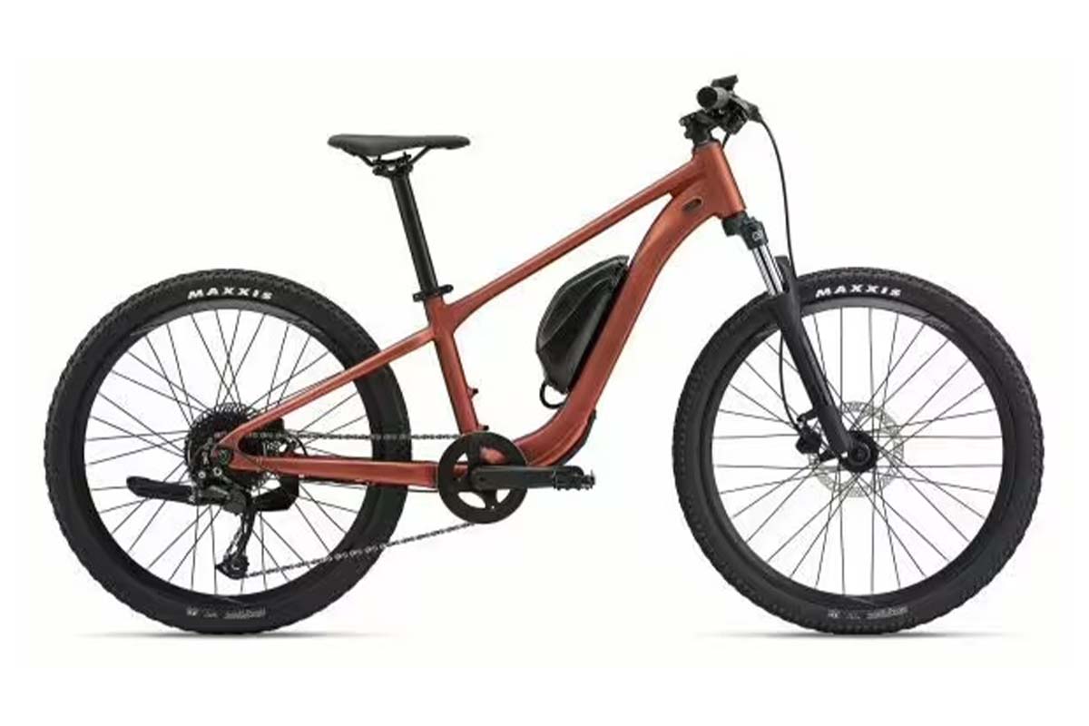 orangenes Kinder-E-Mountainbike auf weißem Grund
