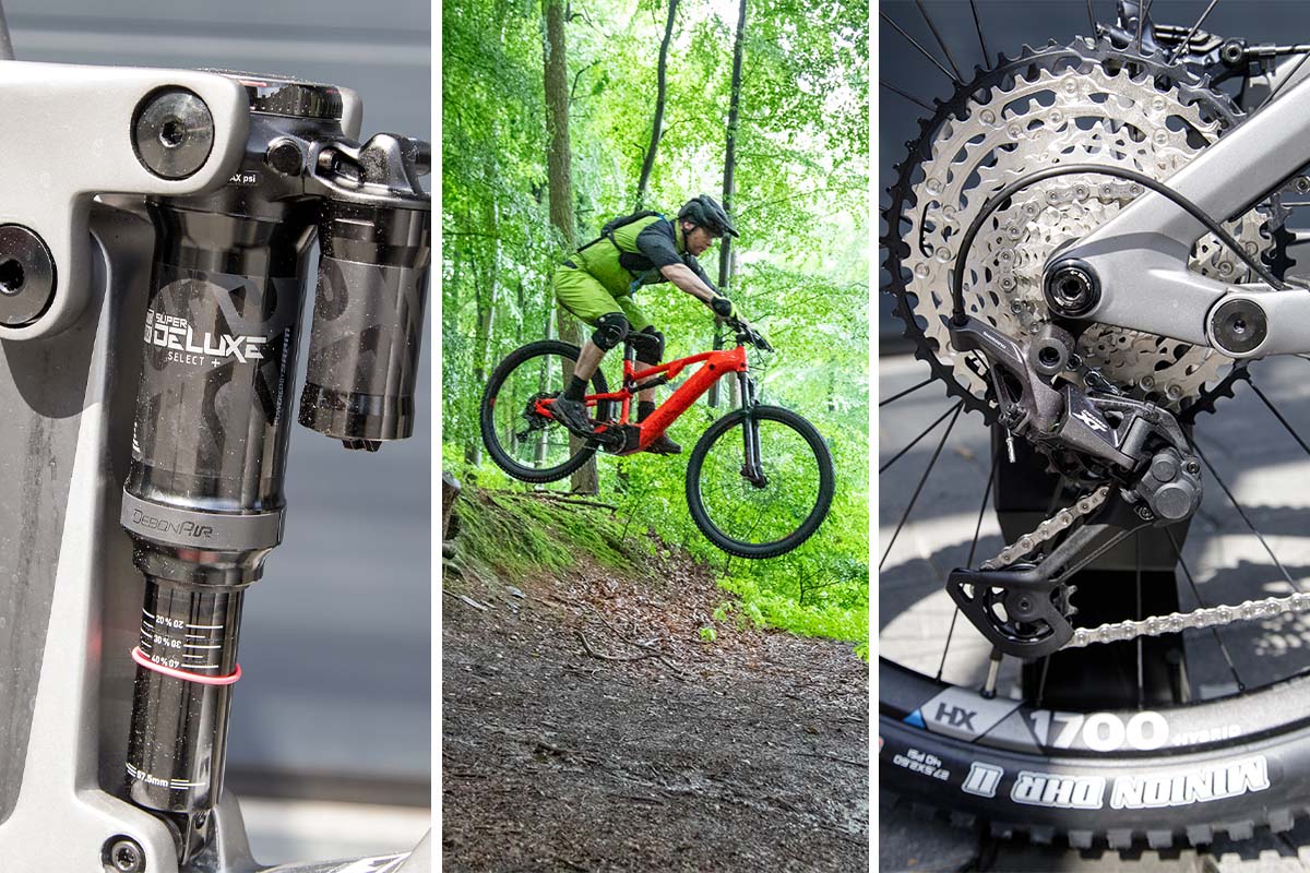 Dreigeteiltes Bild: Links Nahaufnahme einer Hinterbaufederung vom Fahrrad, Mitte Totale, Mann springt mit einem E-Mountainbike, rechts Detailaufnahme Schaltkranz eines Fahrrads