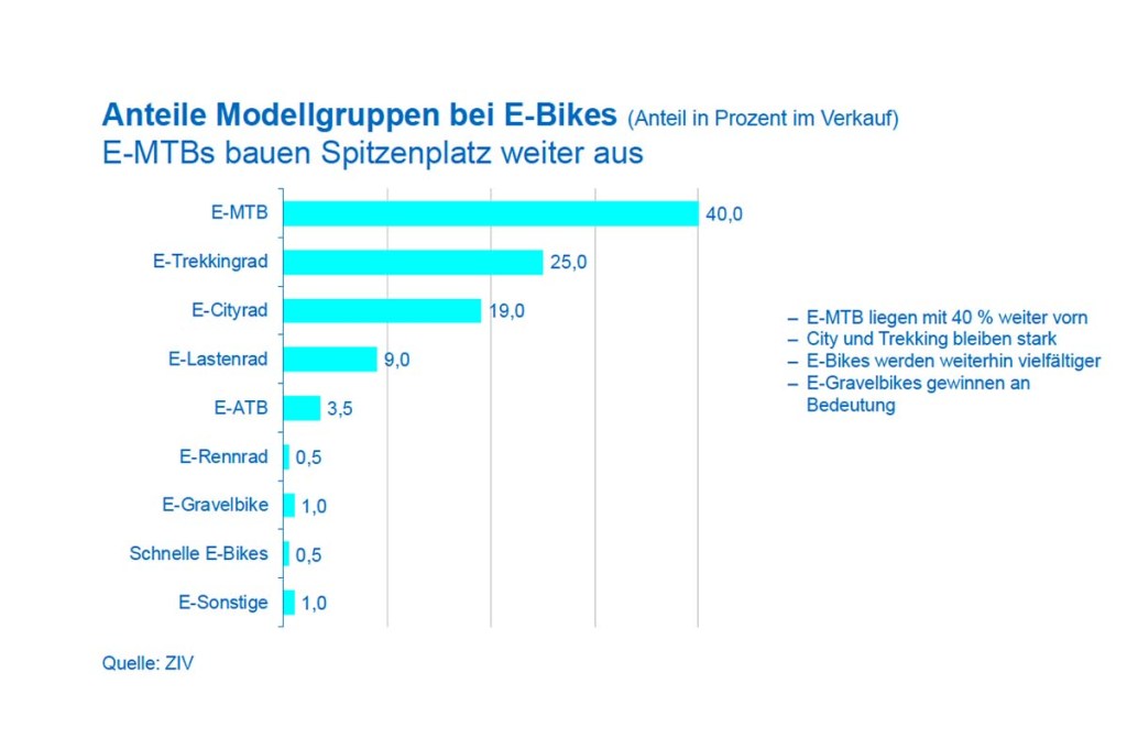 Balkendiagramm: Es zeigt die Anteile der Modellgruppen bei E-Bikes bezüglich dem Verkaufsanteil in Prozent