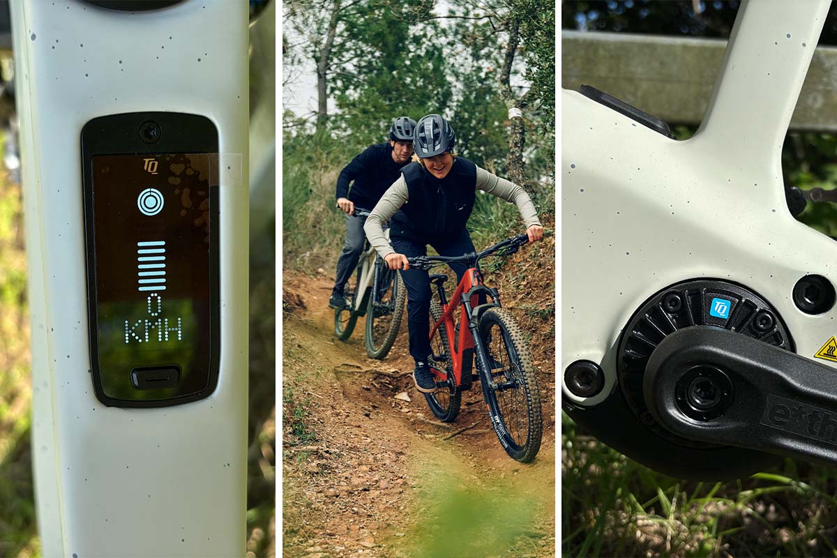 Dreigeteiltes Bild: Links Nahaufnahme Bedienpanel mit Display eines E-Bikes, Mitte Totale zwei E-Mountainbikefahrer fahren einen Trail entlang, rechts Nahaufnahme Motor eines E-Bikes