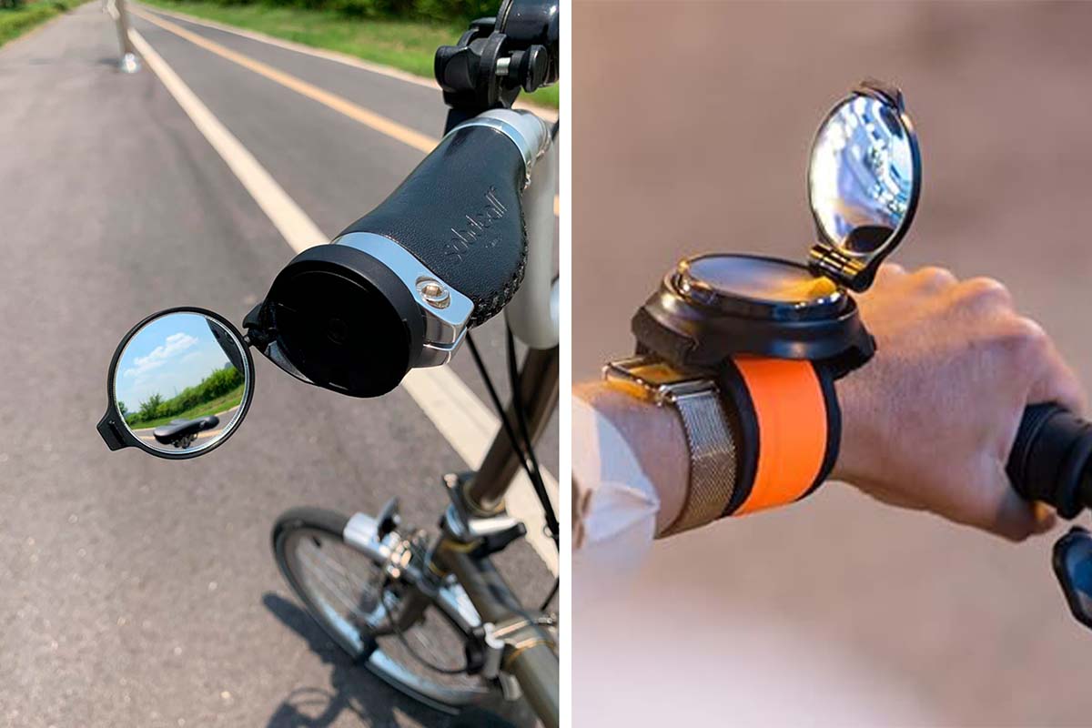 Zweigeteiltes Bild: auf beiden sieht man einen Fahrradrückspiegel. Rechts am Handgelenk befestigt, links am Lenker