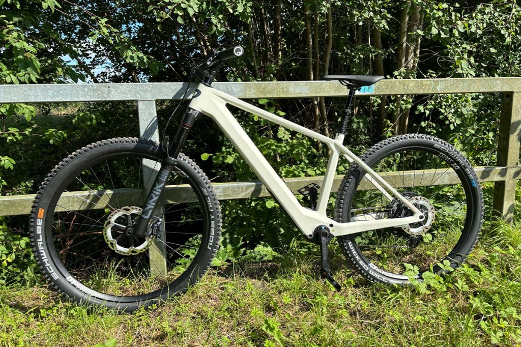 Totale E-Mountainbike vor einem Geländer stehend