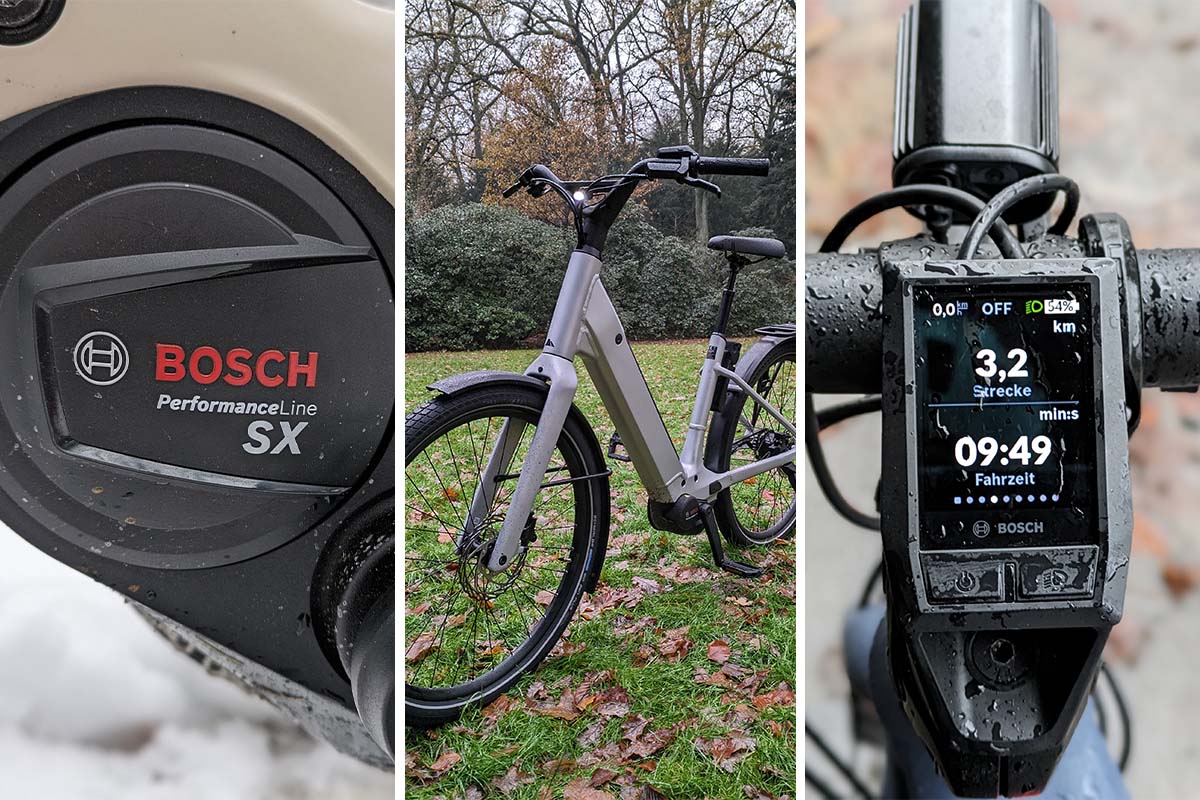 Dreigeteiltes Bild: links Nahaufnahme Motor, Mitte totel City-E-Bike auf einer Wiese stehend, rechts Fahrradcomputer am Lenker