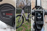 Dreigeteiltes Bild: links Nahaufnahme Motor, Mitte totel City-E-Bike auf einer Wiese stehend, rechts Fahrradcomputer am Lenker
