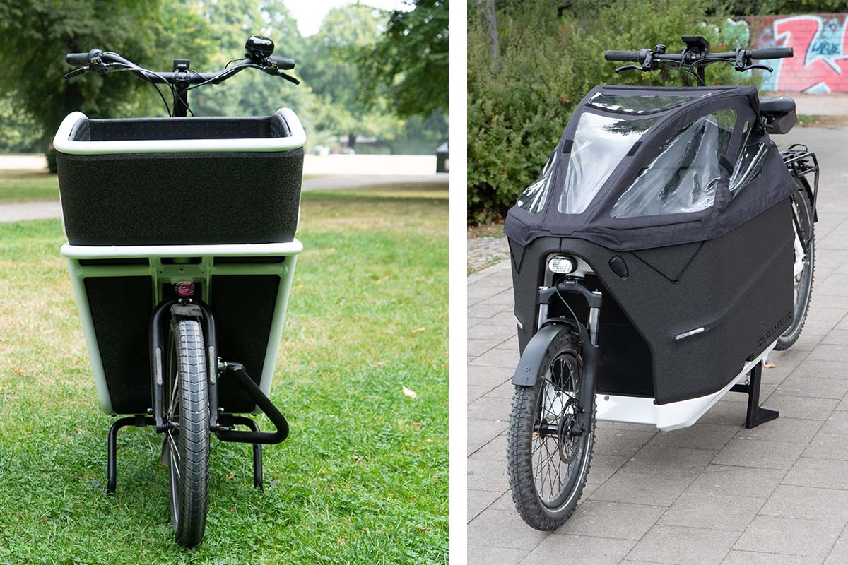 zweigeteiltes Bild, auf jedem Sieht man ein Cargo-E-Bike, links im Park stehend, rechts in einer städtischen Gegend
