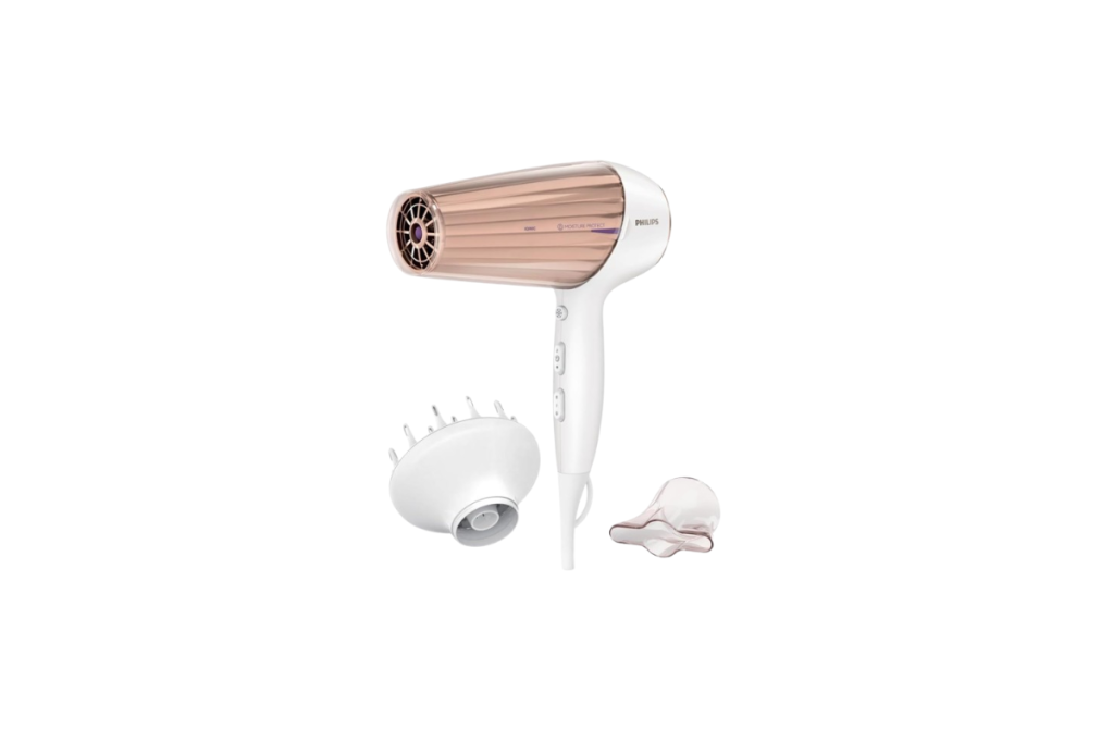 Der Philips MoistureProtect Haartrockner auf weißem Grund.