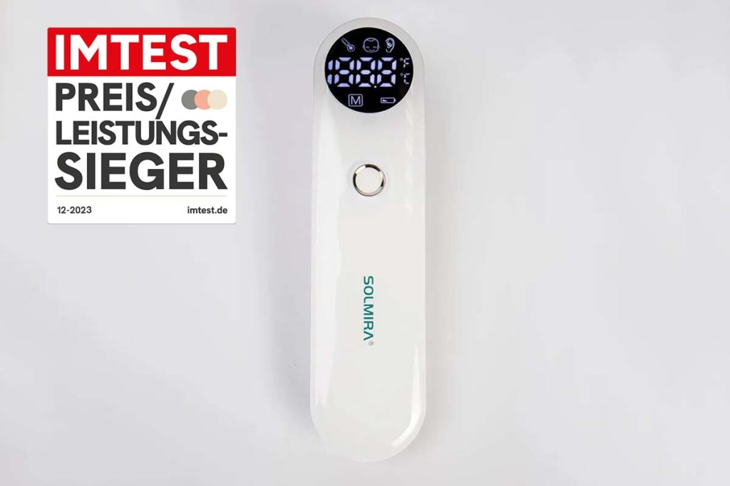 digitales Fieberthermometer auf weißem Grund, dazu Preis-Leistungssieger Grafik