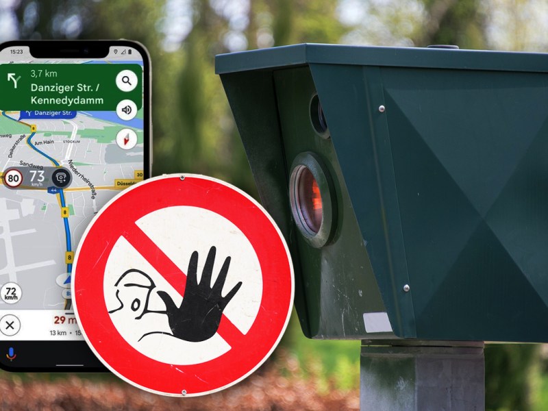 Eine Radarfalle rechts im Bild, links ein Smartphone und ein Warn-Zeichen.