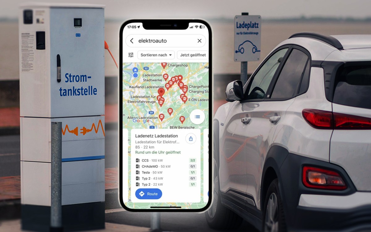 Ein Auto an einer Ladesäule, in der Mitte die App Google Maps auf einem Smartphone