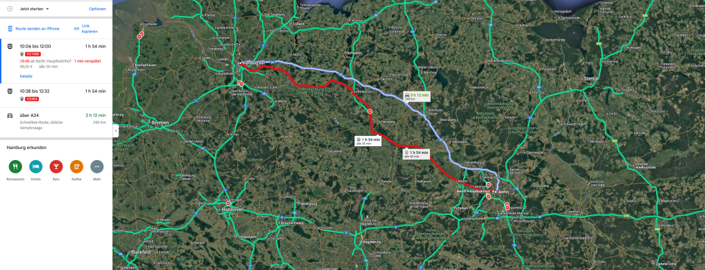 Ein Screenshot der Desktop-Anwendung von Google Maps. Eine Route ist Markiert. 
