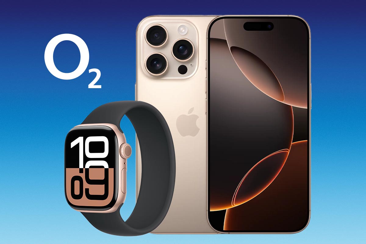 Apple-Produkte und das O2-Logo in einer Zusammenstellung.