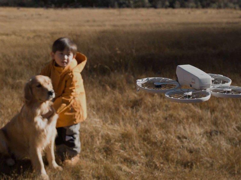 Die Drohne DJI Flip rechts im Bild macht ein Foto von einem Jungen mit einem Hund.