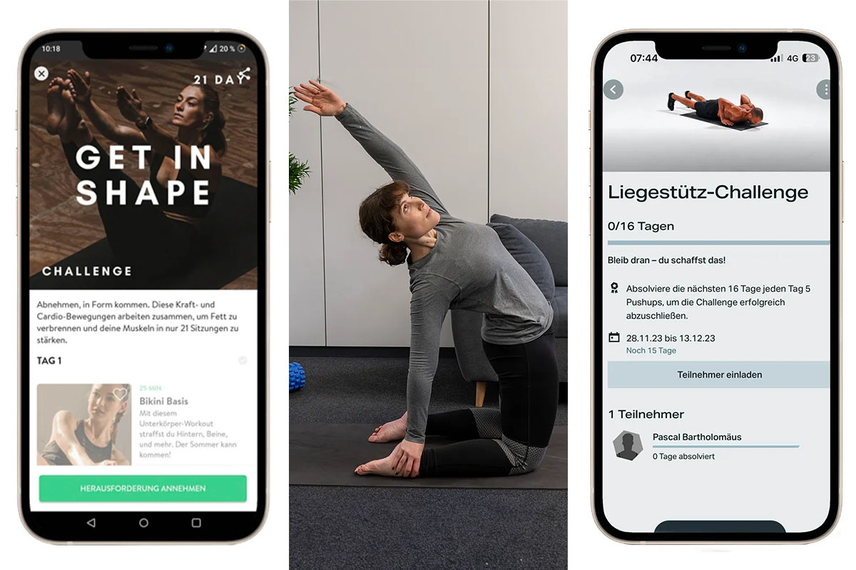 Ein dreigeteiltes Bild: rechts und links ein Smartphone mit geöffneten Fitness-Apps, in der Mitte eine Frau in Sportpose.