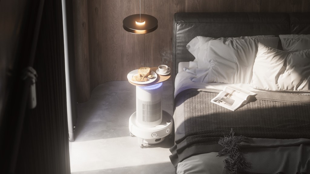 Der SwitchBot K20+ Pro mit Luftreiniger und Tablett mit Frühstück sowie dampfendem Kaffee. Rechts ist ein Bett zu sehen.