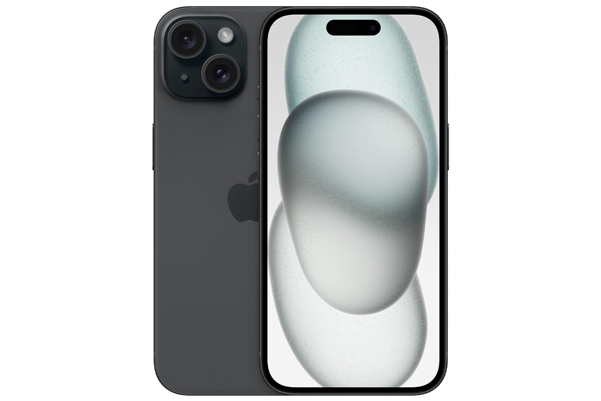 Produktfoto vom Apple iPhone 15 auf weißem Grund.