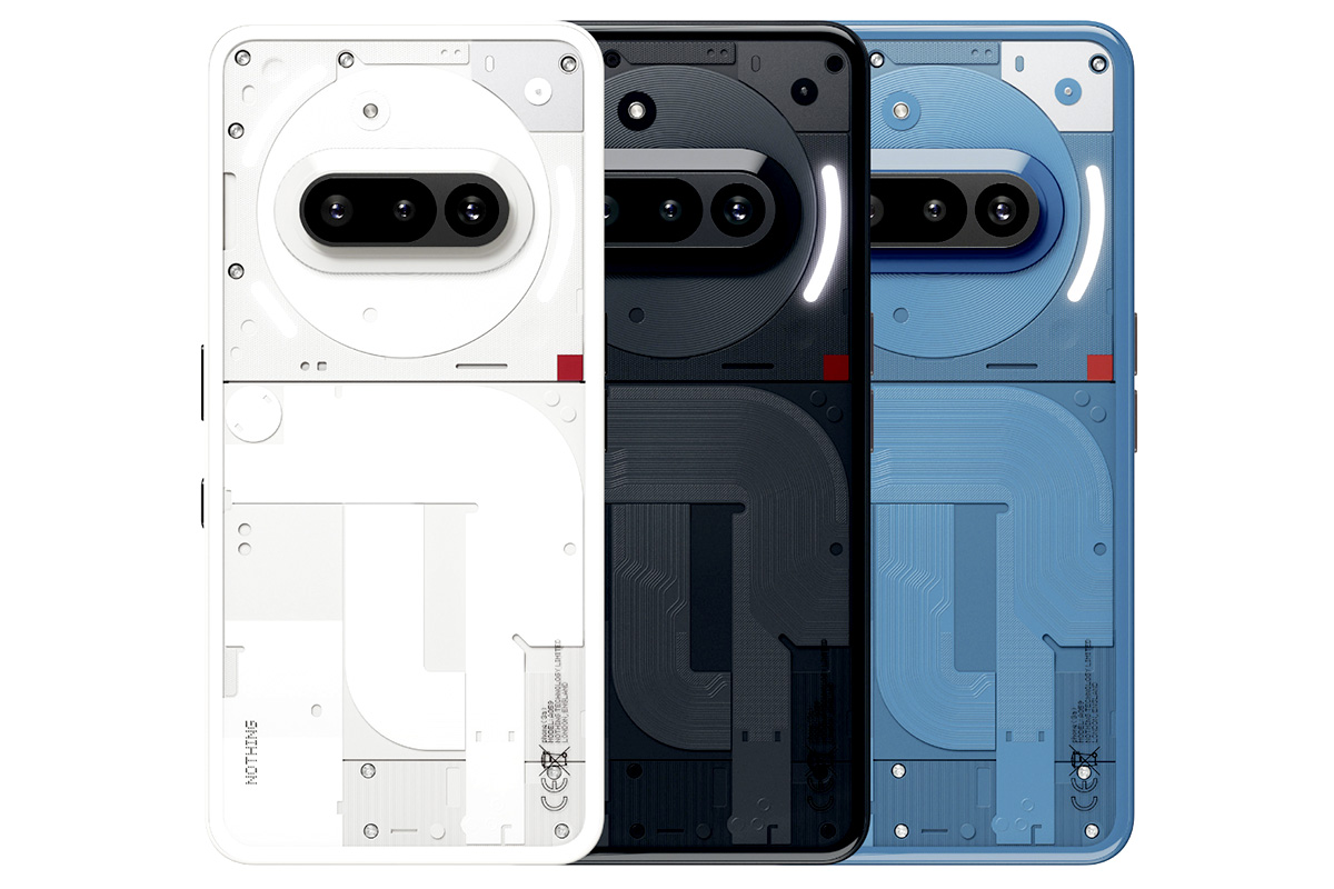 Produktbild des Nothing Phone (3a) den drei Farben Weiß, Schwarz und Blau.