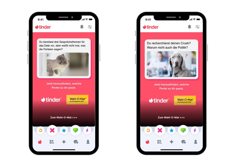 Screenshots der Tinder-App mit WahlOMat-Einbindung