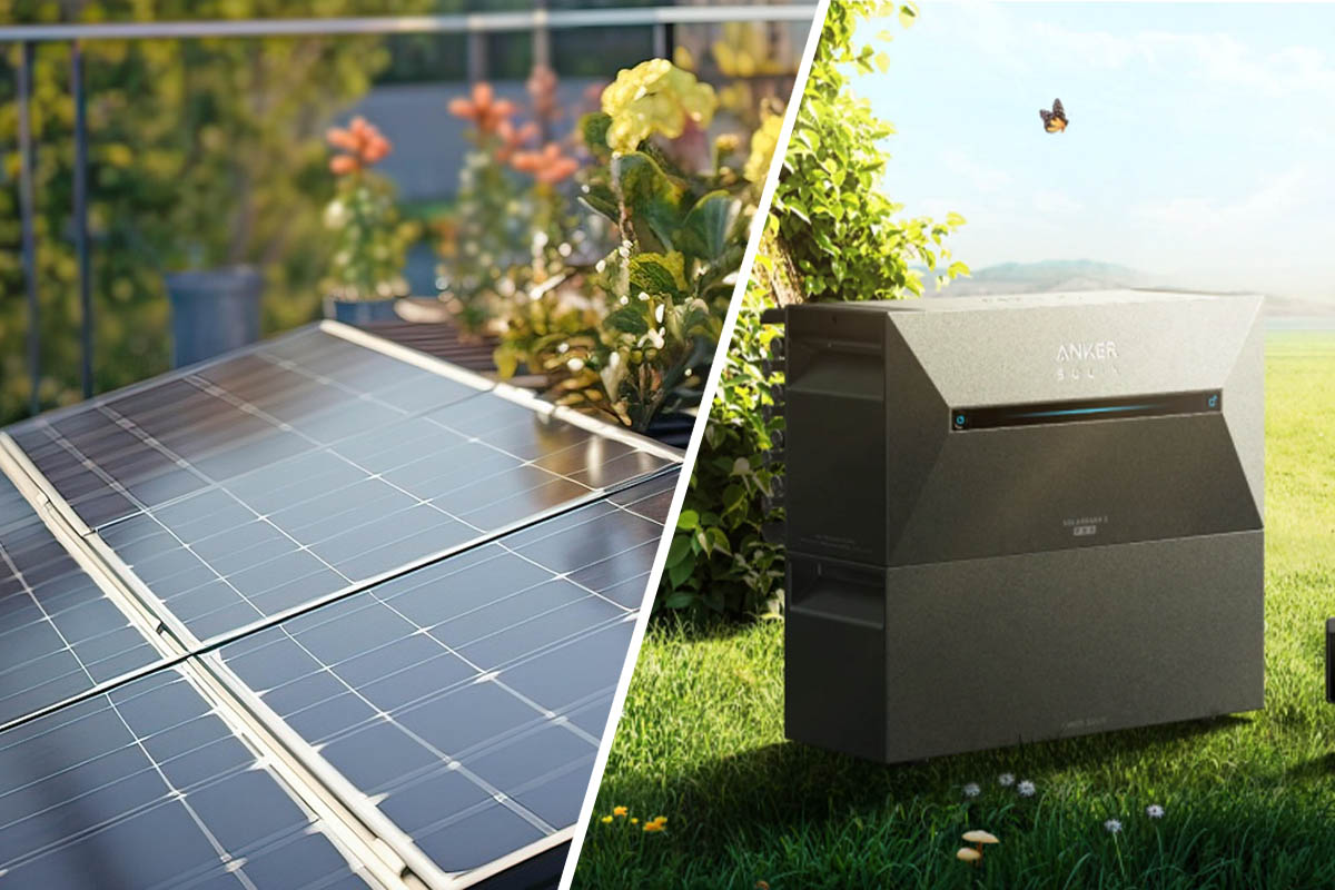 Ein zweigeteiltes Bild: Links ein Solarpanel in grüner Umgebung, rechts der Speicher von Anker Solix im Grünen.