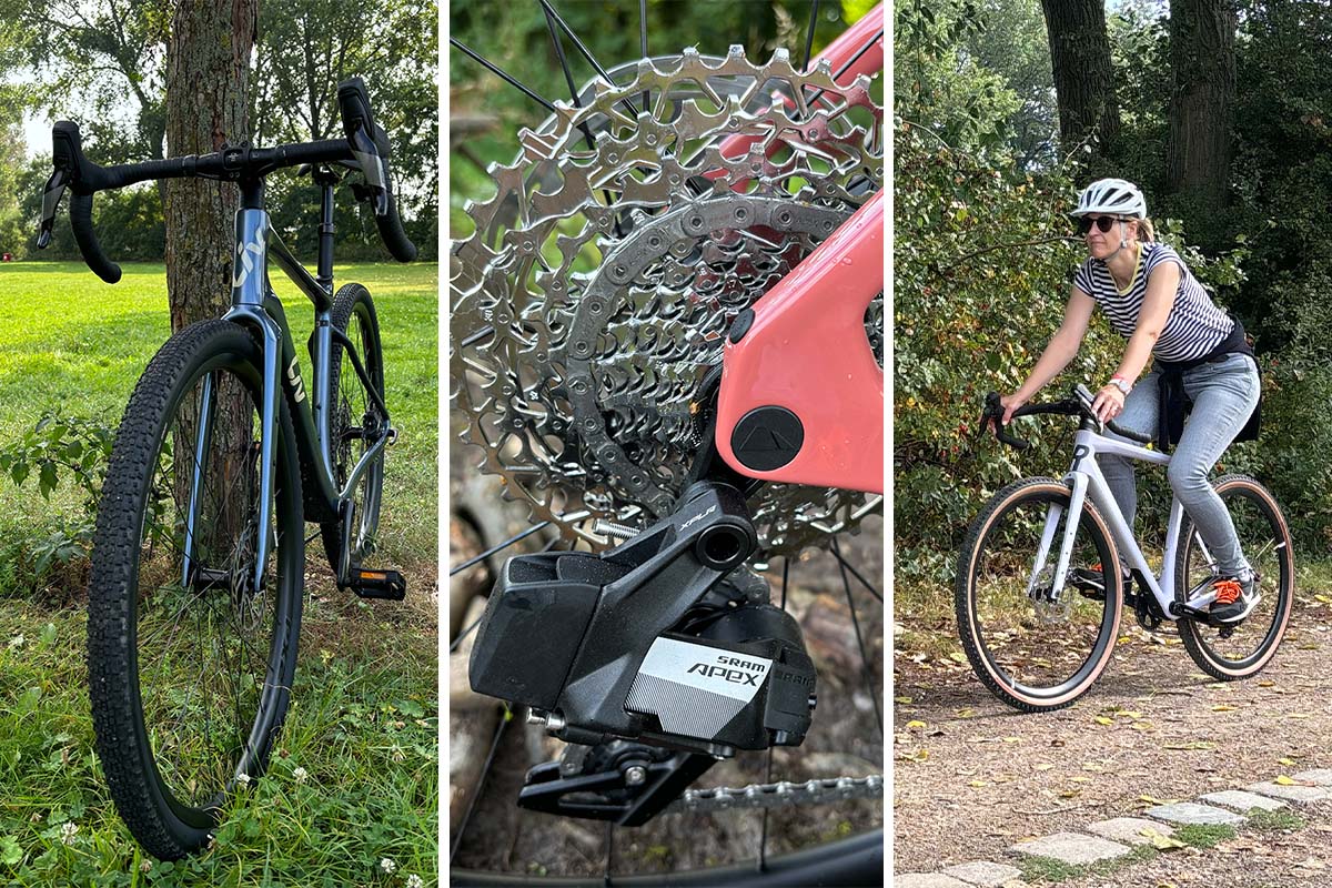 Dreigeteiltes Bild: links blaues Gravelbike lehnt an einen Baum, Mitte Schaltung von Gravelbike nah, rechts Frau auf einem Gravelbike fahrend