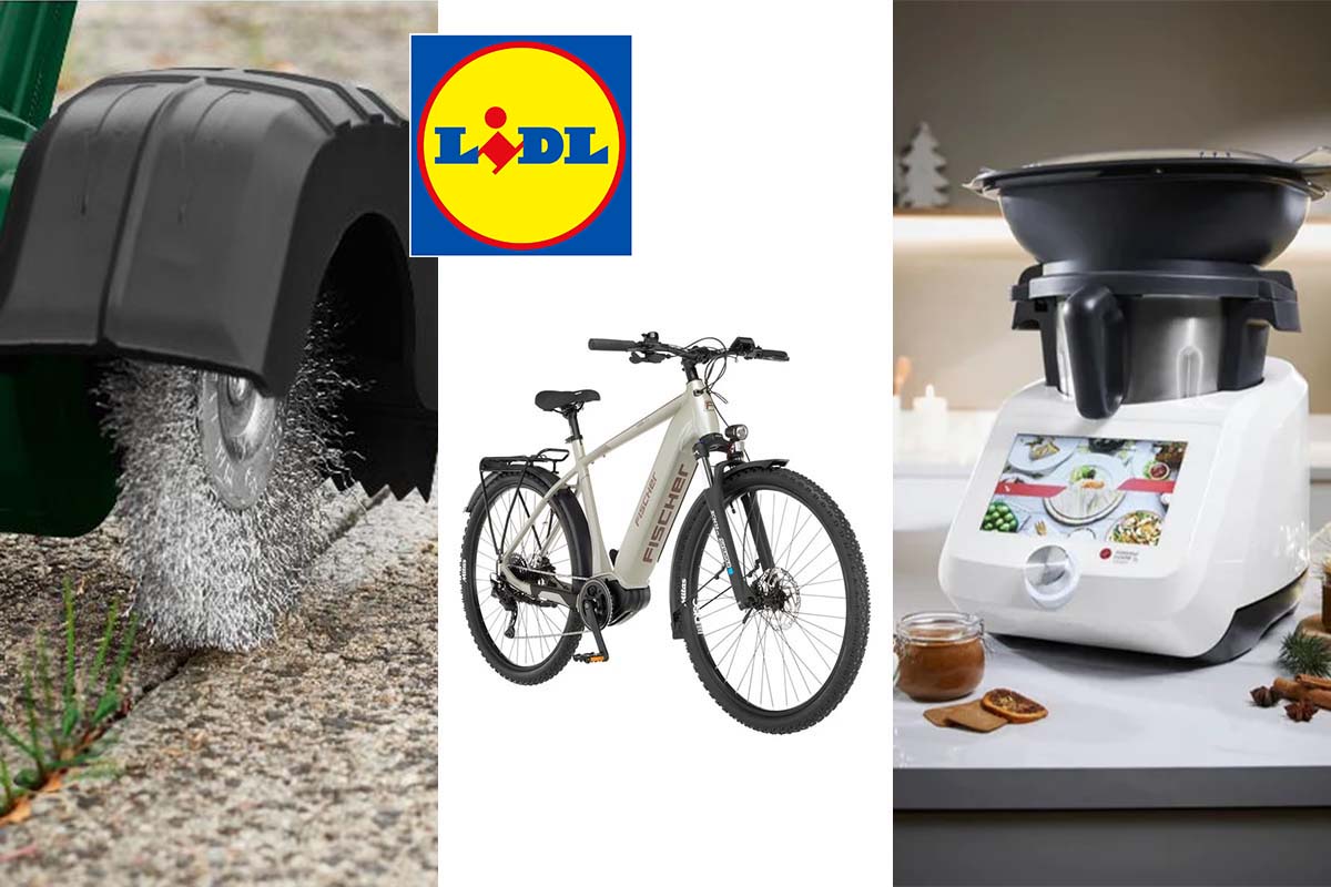 dreigeteiltes Bild: links Nahaufnahme einer Fugenbürste, die eine Fuge reinigt, mitte Productshot E-Bike auf weißem Grund, rechts Küchenmaschine auf einer Arbeitsplatte stehend, dazu Lidl-Logo