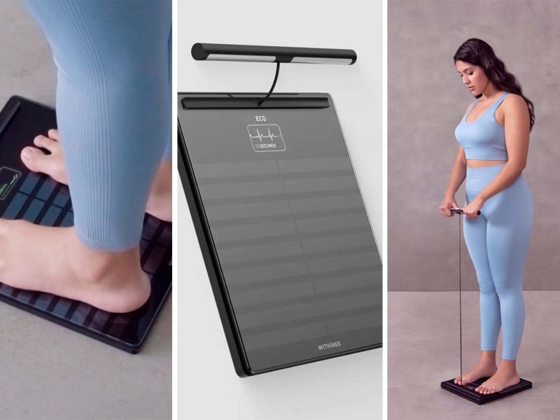 Dreigeteiltes Bild: Links Nahaufnahme Füße auf einer Waage, Mitte Produkteshot Waage auf weißem Grund, rechts Frau auf einer Körperfettwaage mit Handscanner