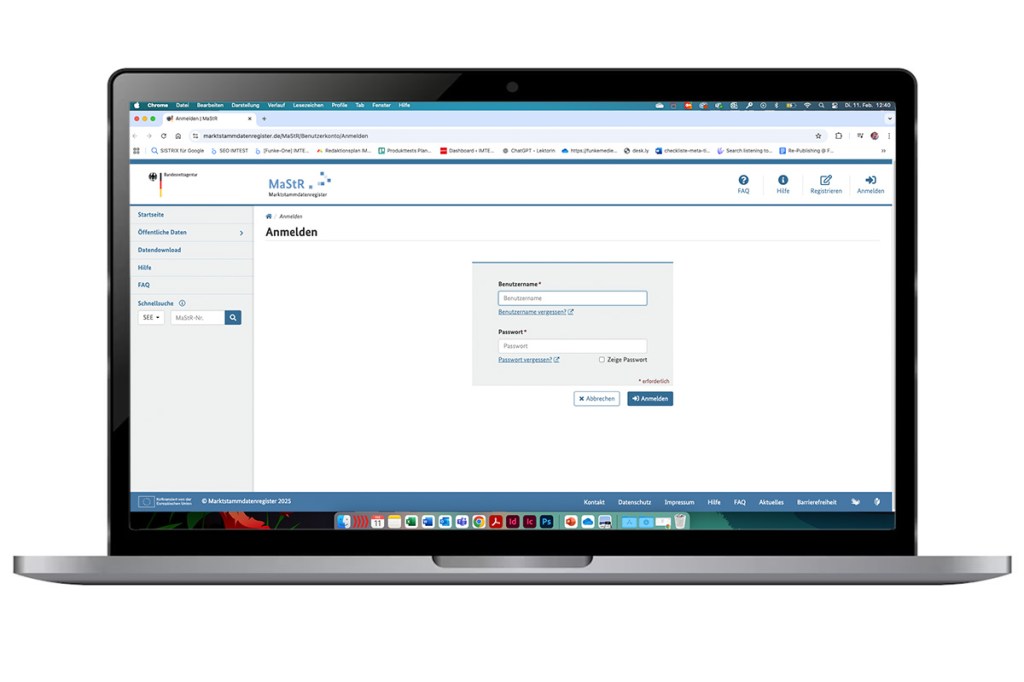 Screenshot des Marktstammdatenregisters auf einem Laptop.
