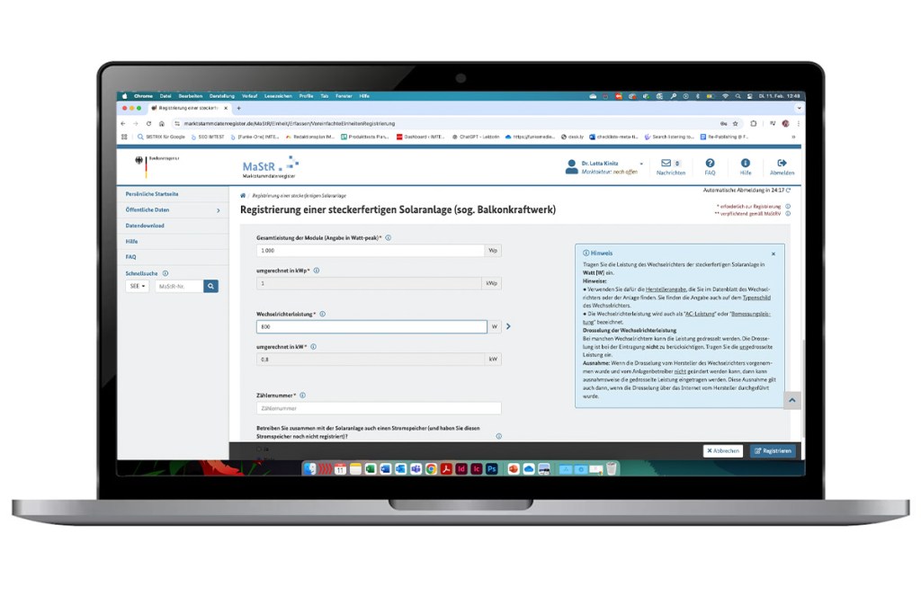 Screenshot des Marktstammdatenregisters auf einem Laptop.