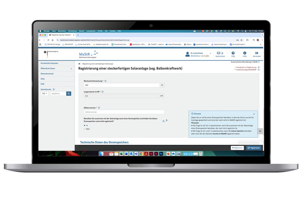 Screenshot des Marktstammdatenregisters auf einem Laptop.