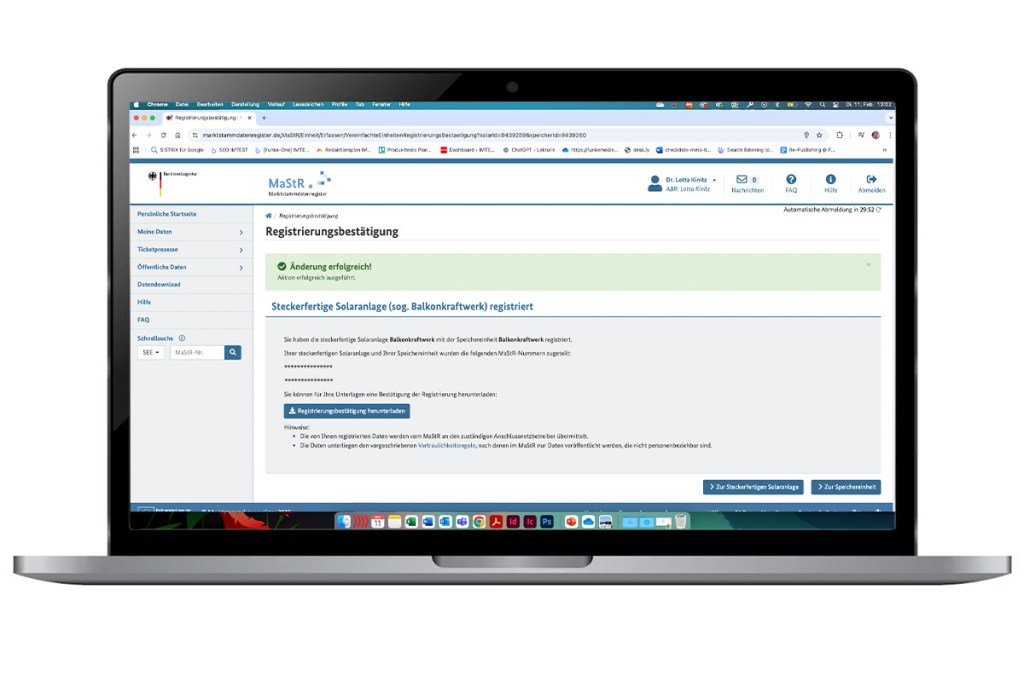 Screenshot des Marktstammdatenregisters auf einem Laptop.
