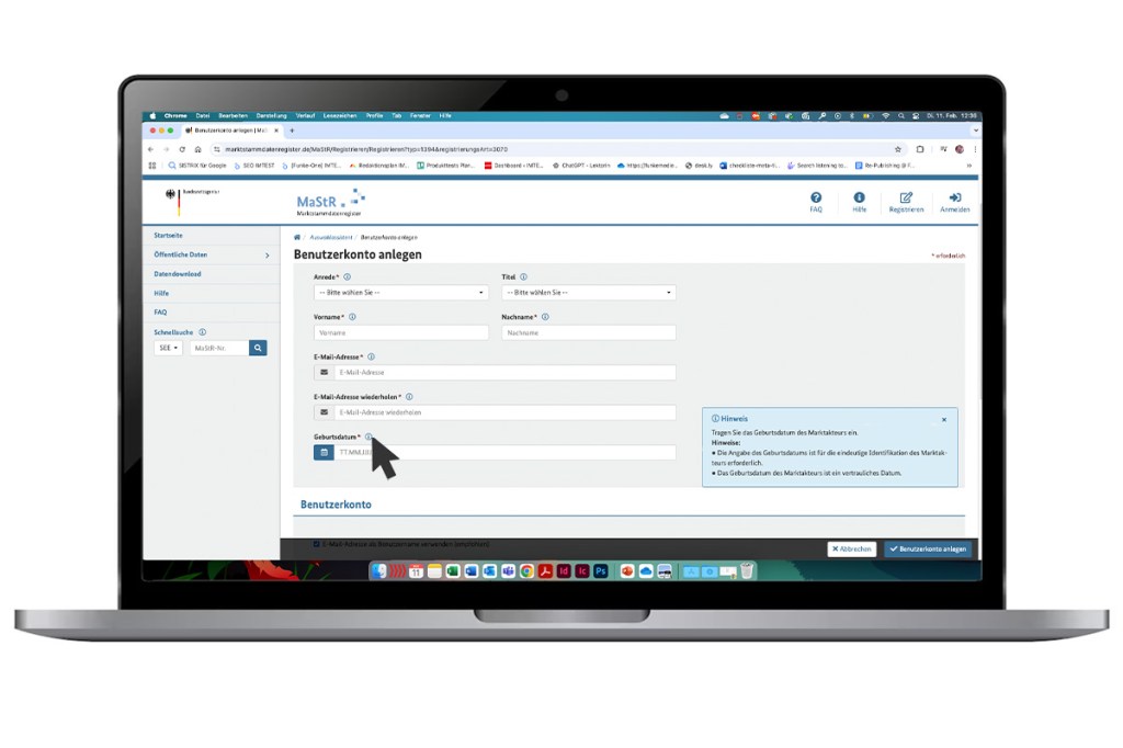 Screenshot des Marktstammdatenregisters auf einem Laptop.
