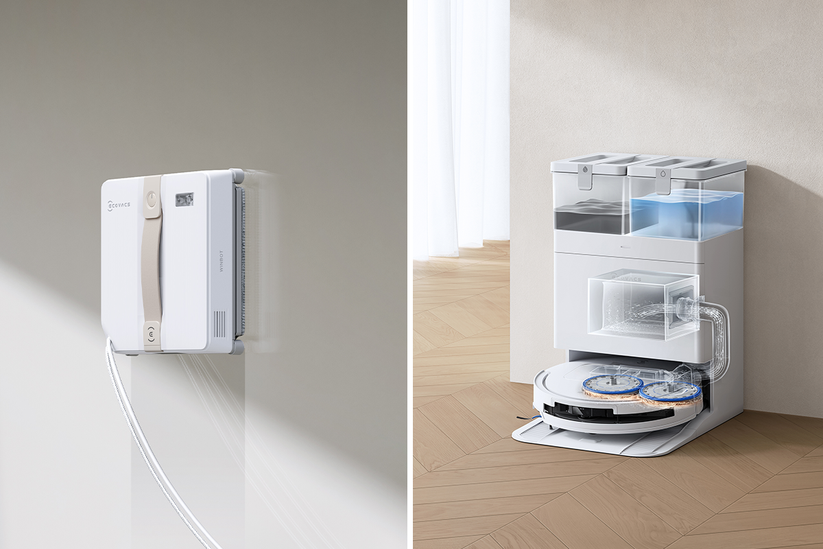 Der Ecovacs Winbot und der Ecovacs Deebot T50 nebeneinander.