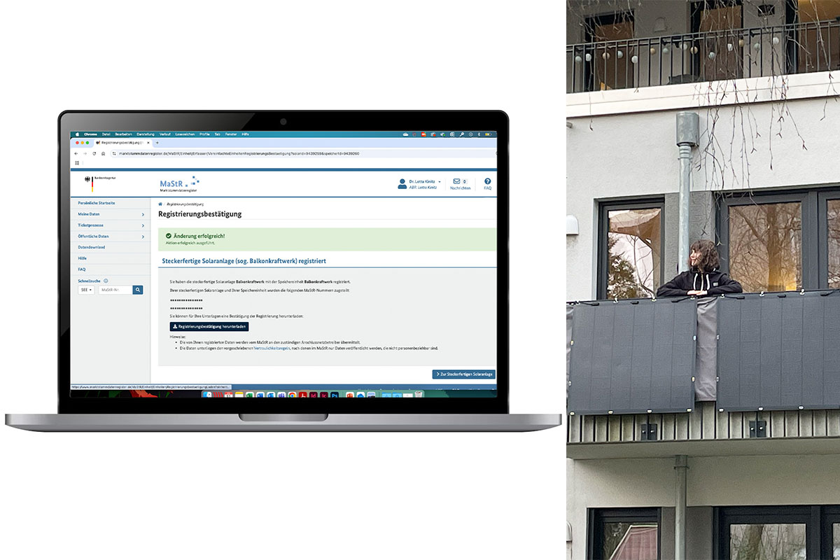 Ein zweigeteiltes Bild: links ein Laptop mit einem Screenshot des Marktstammdatenregisters, rechts eine Person auf einem Balkon mit Balkonkraftwerk.