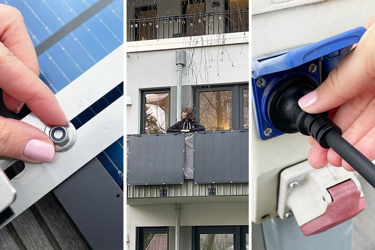 Ein dreigeteiltes Bild: links eine Hand die an einem Solarpanel mit Halterung schraubt, in der Mitte eine Person auf einem Balkon mit Balkonkraftwerk, rechts eine Hand, die einen Stecker in eine Außensteckdose steckt.