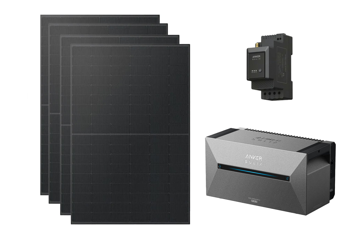 Vier Solarpanels, der Anker Solix Speicher und ein Smart Meter auf weißem Hintergrund.