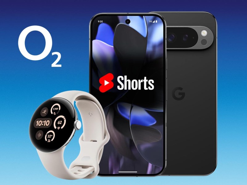 Google Pixel 9 Pro und Google Pixel Watch 3 vor blauem Hintergrund.