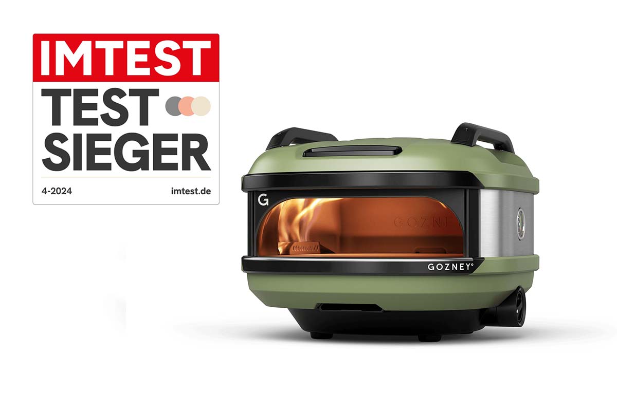 grüner Pizzaofen mit Testsieger-Grafik