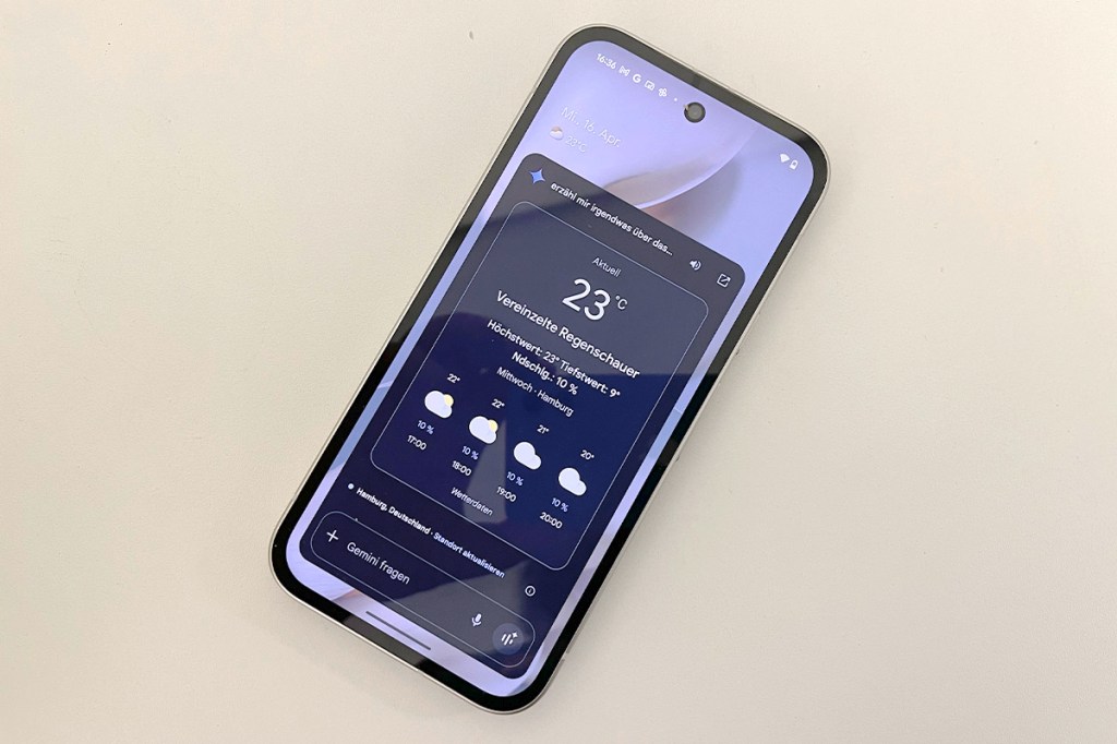 Der Bildschirm des Google Pixel 9a zeigt den Ergebnisbildschirm einer Frage an die Gemini KI.